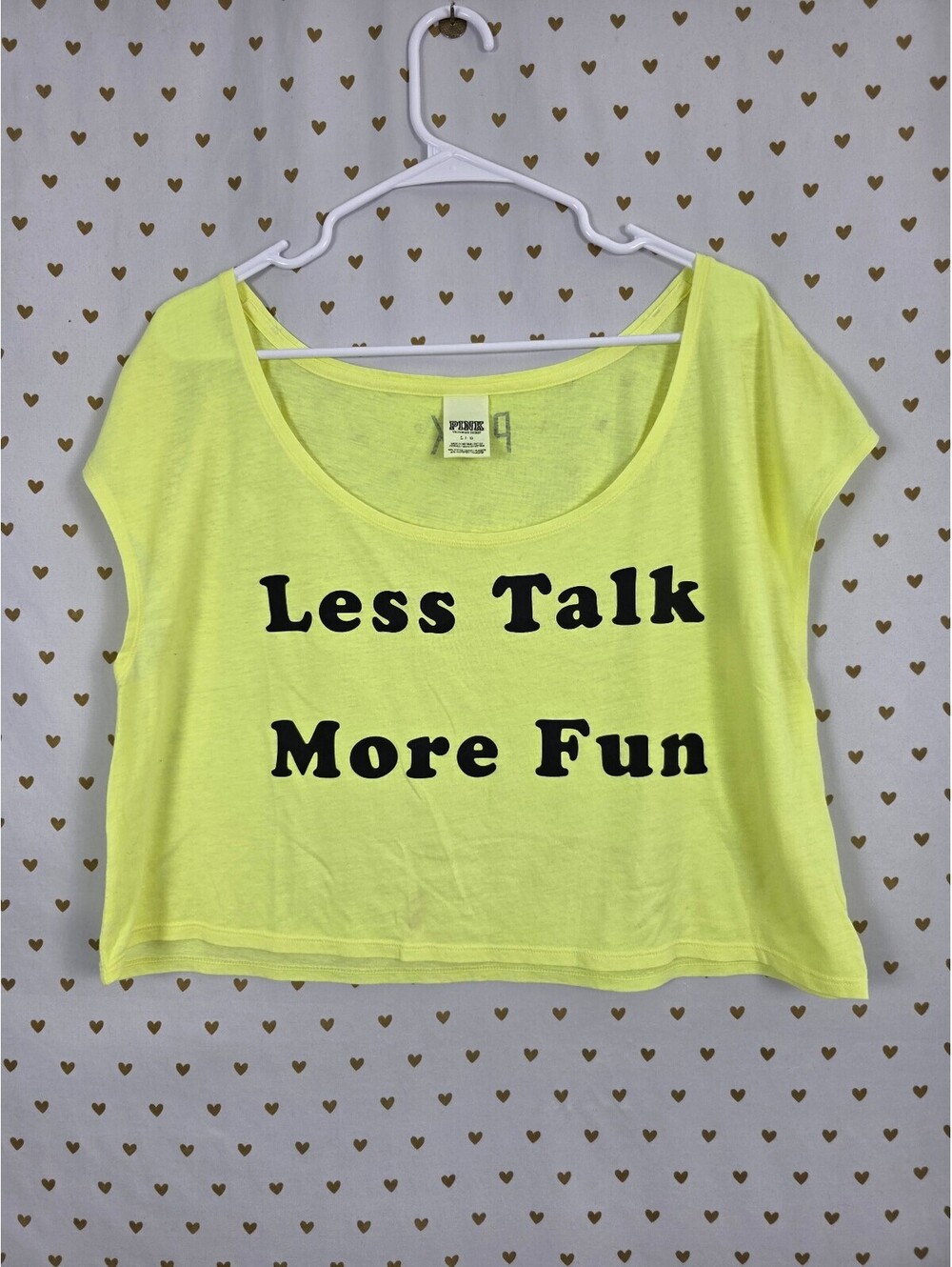 Victoria's Secret PINK Less Talk More Fun Tee L Neon Yellow Crop Graphic Shirt